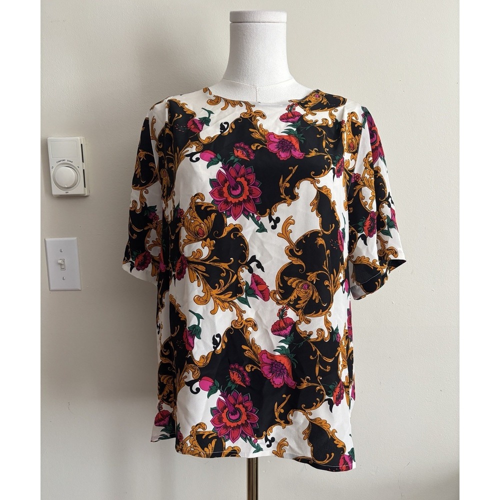 Vintage 80s 90s Christie & Jill Top Womens Large 100% Silk Floral Pink Black